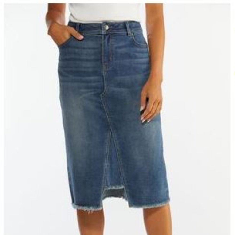 Denim Jean Skirt Distressed Midi Pencil 28W NWT